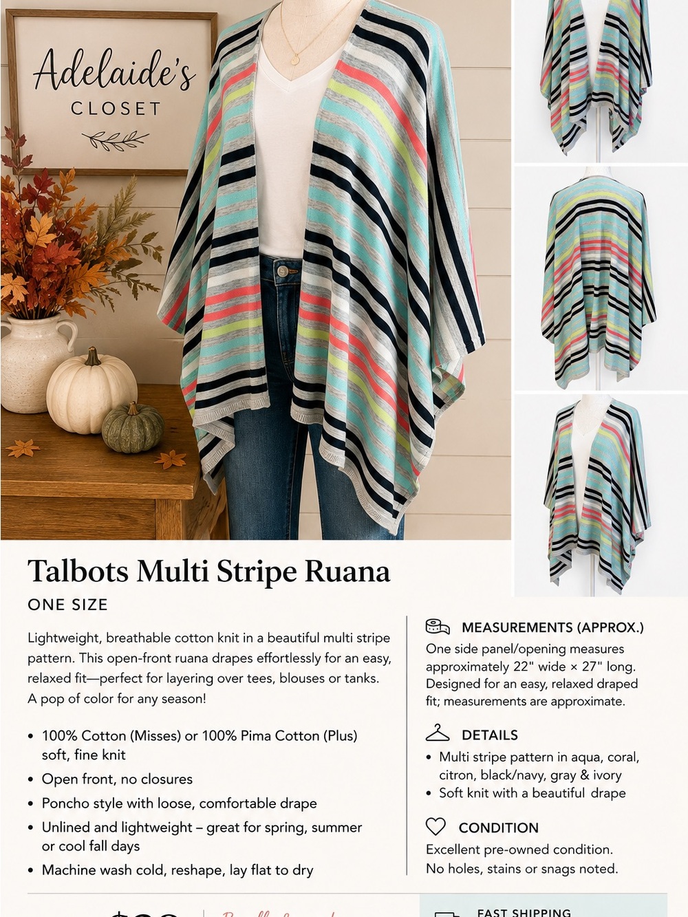 Talbots Multi Stripe Ruana One Size Cotton Open Front Poncho Wrap